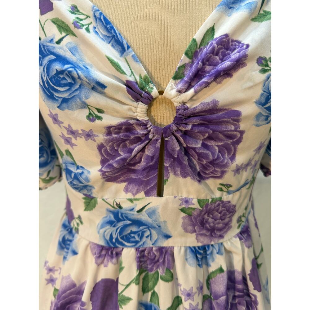 Y&M Floral Maxi Dress Womens S/M Blue Purple Roses Smocked Keyhole Puff Sleeve - Picture 2 of 8
